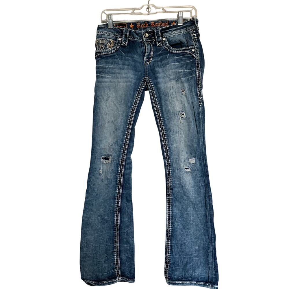 Rock Revival Sundee Boot Jeans 25 LowRise Distressed Bling Y2K Bootcut